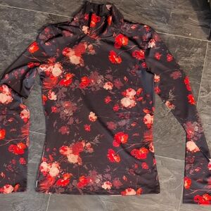Aritzia Black Mock Neck Long Sleeve Top with Red & Pink Floral Print